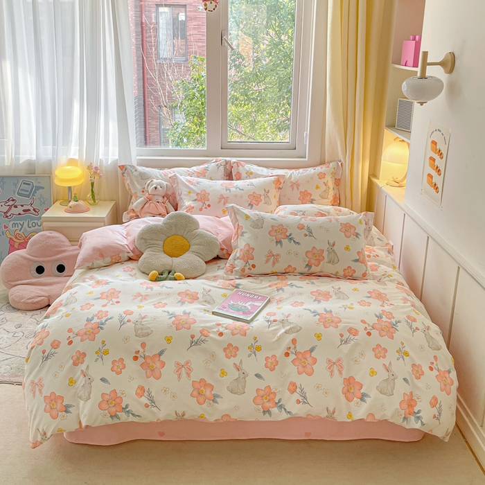 91家纺网 家纺一手货源 找家纺 2024新款全棉小清新印花单品套件--四件套 兔语馨