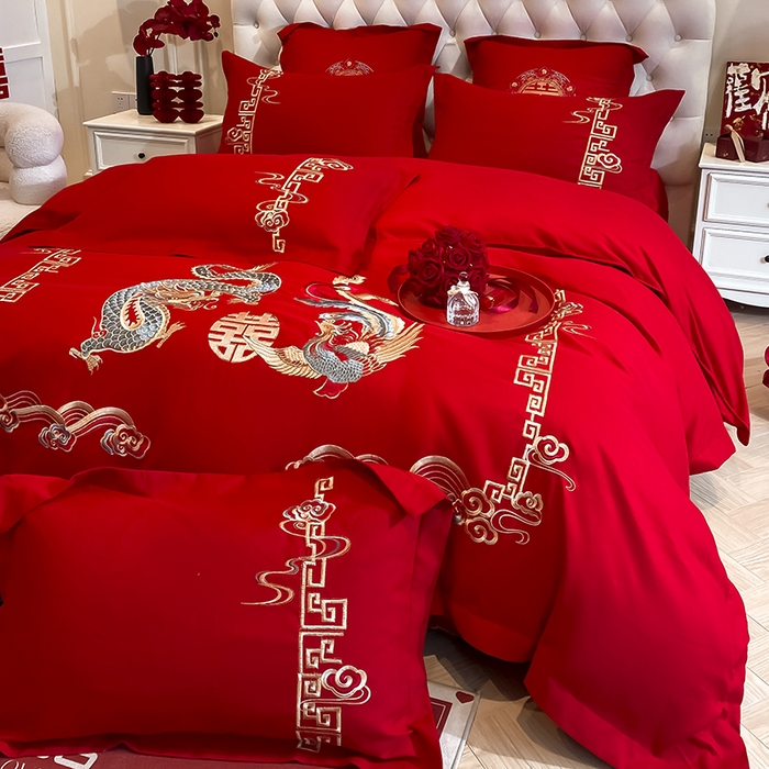 91家纺网 家纺一手货源 找家纺 玉雅家纺 2025新款玉雅时尚磨毛刺绣床单款系列婚庆套件 床单绣花款-龙章凤彩