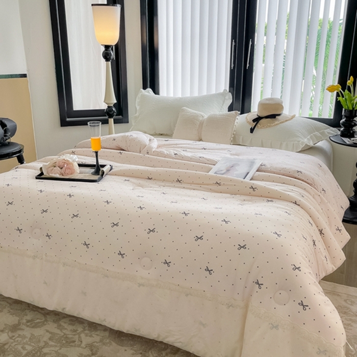 91家纺网 家纺一手货源 找家纺 莱豫家纺 2024新款法式复古针织花边夏被春秋被 蝴蝶结