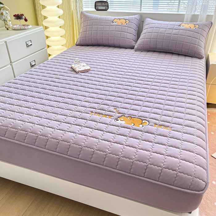 91家纺网 家纺一手货源 找家纺 鑫钰 2024新夹款刺绣大豆纤维床笠-幸运狗系列 幸运狗-木槿紫