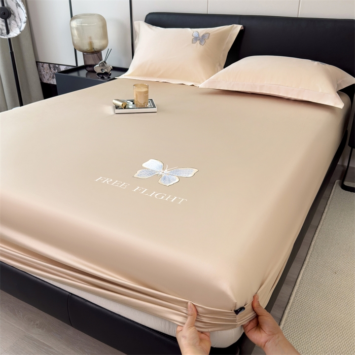 91家纺网 家纺一手货源 找家纺 鑫钰 2024秋冬新款全棉刺绣单层床笠单件枕套三件套-蝶舞 蝶舞-曲奇