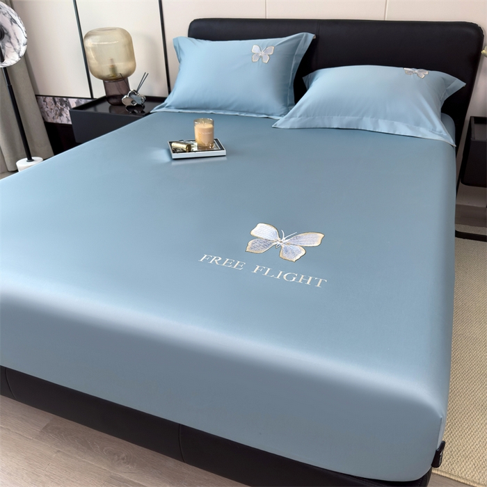 91家纺网 家纺一手货源 找家纺 鑫钰 2024秋冬新款全棉刺绣单层床笠单件枕套三件套-蝶舞 蝶舞-水平蓝