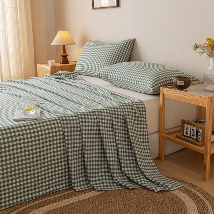 91家纺网 家纺一手货源 找家纺 卡伦家纺 2025新款全棉色织水洗棉床单学生宿舍单人双人床单系列绿小格