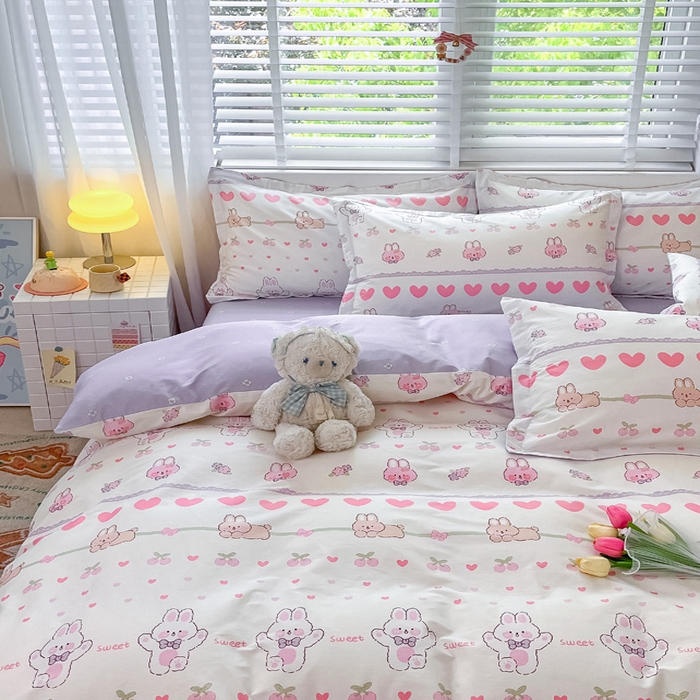 91家纺网 家纺一手货源 找家纺 2024新款全棉小清新印花单品套件--四件套 小兔念念