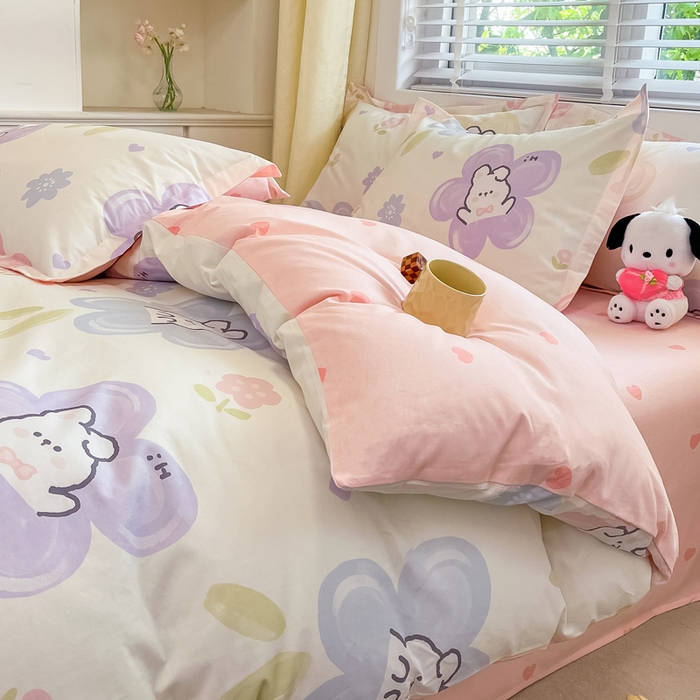 91家纺网 家纺一手货源 找家纺 2024新款全棉小清新印花单品套件--四件套 兔朵朵