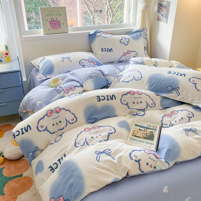 91家纺网 家纺一手货源 找家纺 2024新款全棉小清新印花单品套件--四件套 玉桂兔