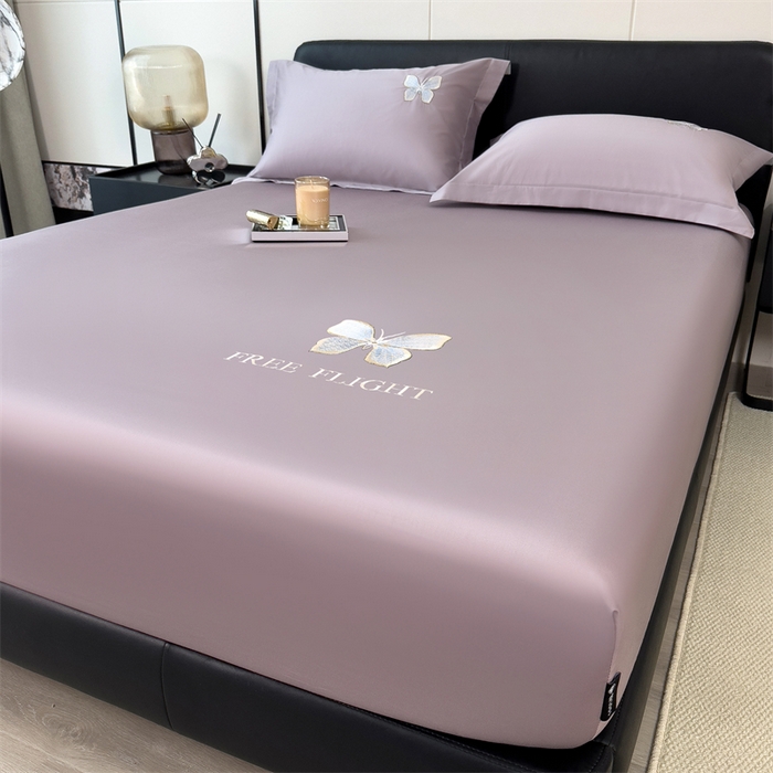 91家纺网 家纺一手货源 找家纺 鑫钰 2024秋冬新款全棉刺绣单层床笠单件枕套三件套-蝶舞 蝶舞-紫灰