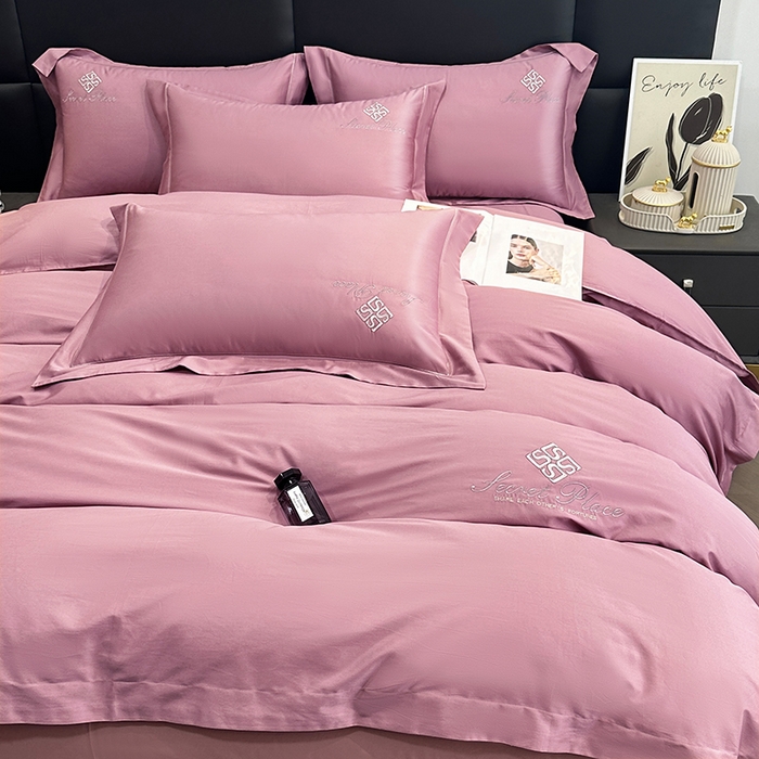 91家纺网 家纺一手货源 找家纺 琉宿家纺 2025新款50s双股长绒棉绣花四件套 时尚格调-豆沙