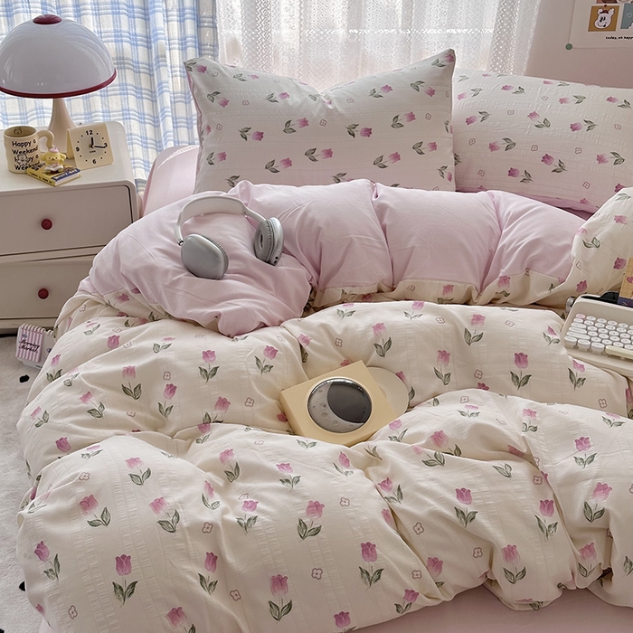 91家纺网 家纺一手货源 找家纺 希丞家居 2024新款小清新高克重提花水洗棉四件套（提供买家秀） 郁金香