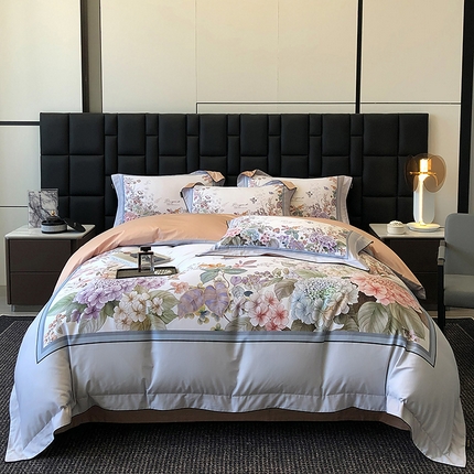 91家纺网 家纺一手货源 找家纺 东方名伶 2024新款50S全棉数码印花长绒棉四件套 静若幽兰-蓝