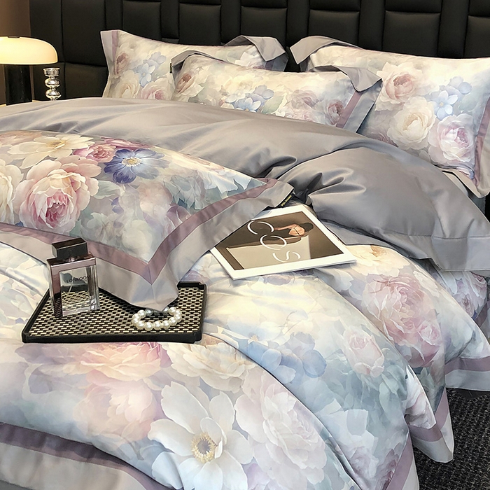 91家纺网 家纺一手货源 找家纺 东方名伶 2024新款50S全棉数码印花长绒棉四件套 玫瑰物语-紫