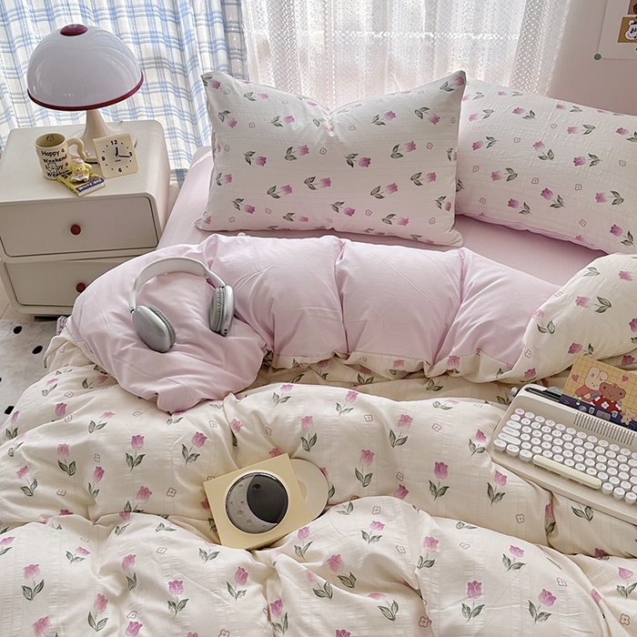 91家纺网 家纺一手货源 找家纺 希丞家居 2024新款小清新高克重提花水洗棉四件套（提供买家秀） 郁金香