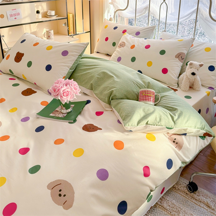 91家纺网 家纺一手货源 找家纺 名兮 2024新款全棉亲肤印花四件套 波点小熊