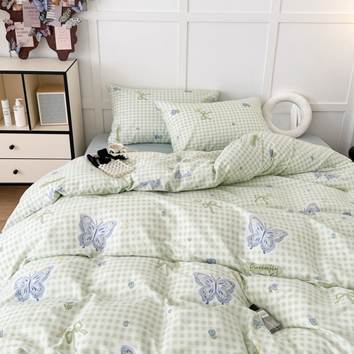 91家纺网 家纺一手货源 找家纺 昔可 2024新款全棉蝴蝶印花系列四件套 绿格琉璃蝴蝶