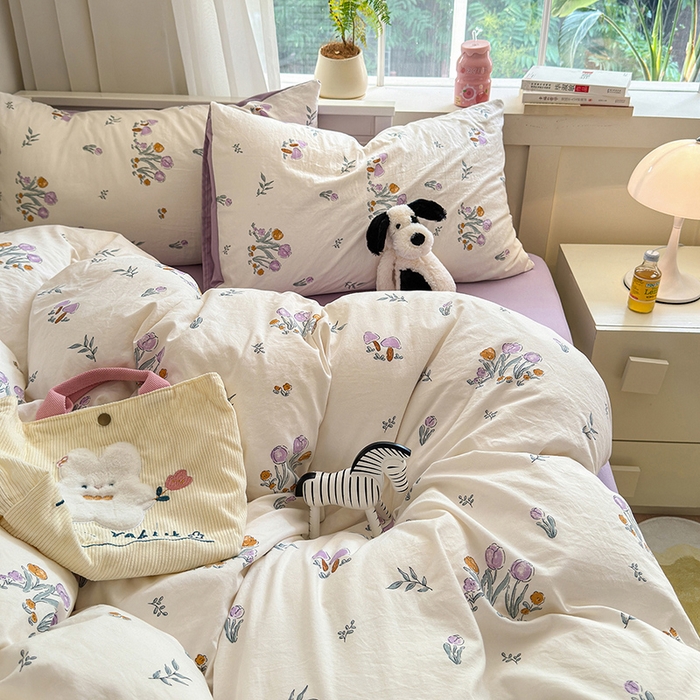 91家纺网 家纺一手货源 找家纺 沐芷 2024微皱超柔手感105g印花水洗棉四件套床上宿舍三件套床单被套 小花园