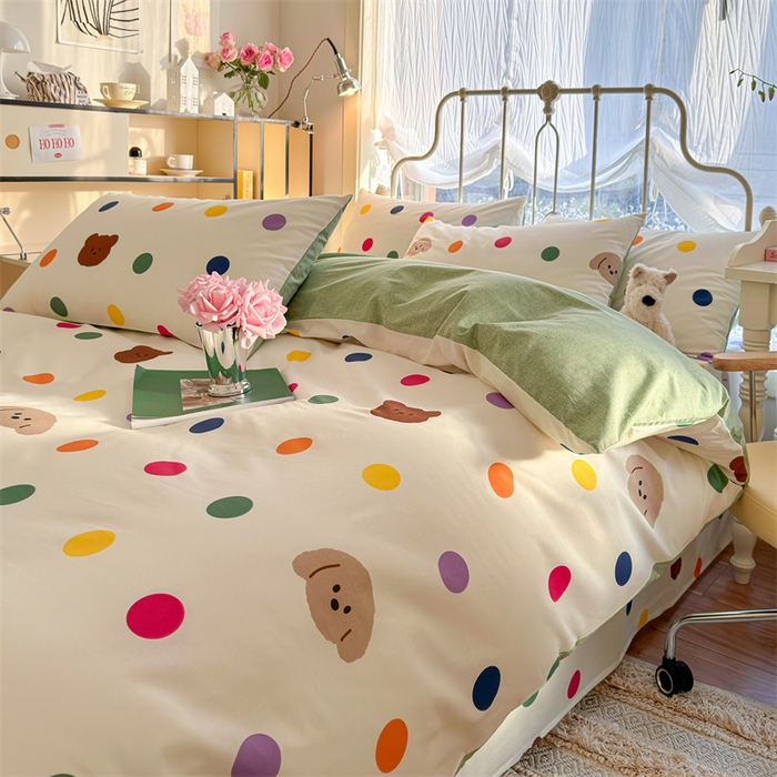 91家纺网 家纺一手货源 找家纺 名兮 2024新款全棉亲肤印花四件套 波点小熊