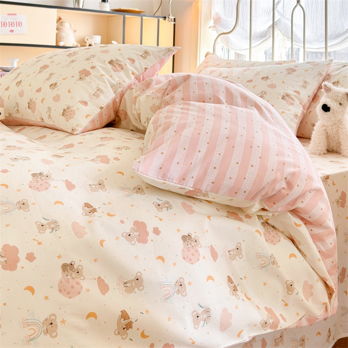 91家纺网 家纺一手货源 找家纺 名兮 2024新款全棉亲肤印花四件套 彩虹小熊