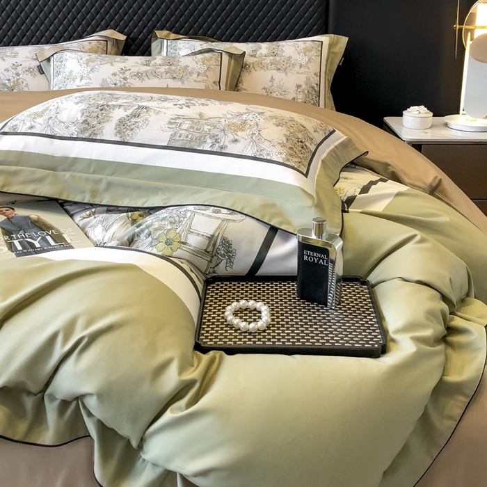 91家纺网 家纺一手货源 找家纺 东方名伶 2024新款50S全棉数码印花长绒棉四件套 浮生若梦-绿