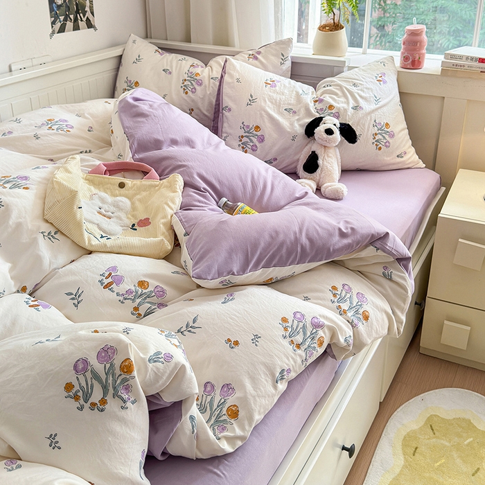 91家纺网 家纺一手货源 找家纺 沐芷 2024微皱超柔手感105g印花水洗棉四件套床上宿舍三件套床单被套 小花园