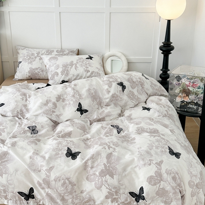 91家纺网 家纺一手货源 找家纺 昔可 2024新款全棉蝴蝶印花系列四件套 水墨花黑蝴蝶