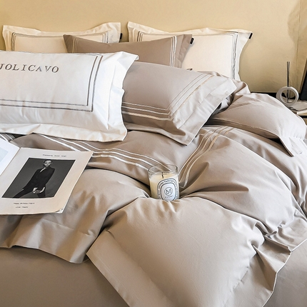  【提供质检报告】A类母婴级全棉加厚保暖磨毛四件套纯棉床单被套纯色酒店风床笠款刺绣冬季床上用品 卡芙尔-雅灰