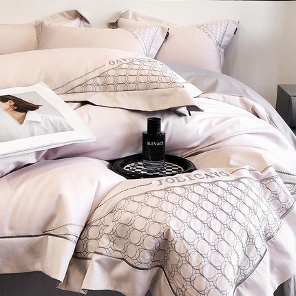  【高奢定制】100支新疆贡缎长绒棉重工刺绣轻奢酒店风床单床笠床盖款春夏季床上用品 圣卡洛-玉珠粉