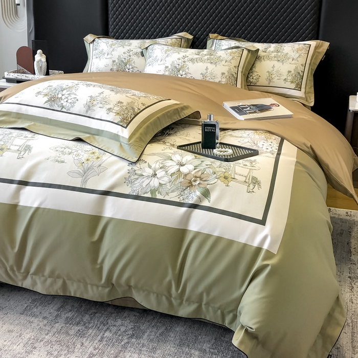 91家纺网 家纺一手货源 找家纺 东方名伶 2024新款50S全棉数码印花长绒棉四件套 浮生若梦-绿