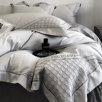  【高奢定制】100支新疆贡缎长绒棉重工刺绣轻奢酒店风床单床笠床盖款春夏季床上用品 圣卡洛-优雅灰