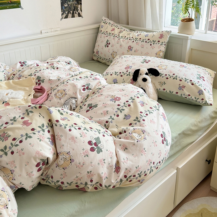 91家纺网 家纺一手货源 找家纺 沐芷 2024微皱超柔手感105g印花水洗棉四件套床上宿舍三件套床单被套 奶味圆饼