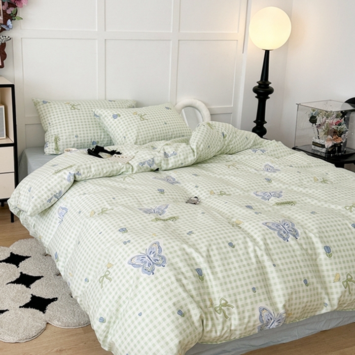 91家纺网 家纺一手货源 找家纺 昔可 2024新款全棉蝴蝶印花系列四件套 绿格琉璃蝴蝶