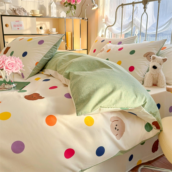 91家纺网 家纺一手货源 找家纺 名兮 2024新款全棉亲肤印花四件套 波点小熊