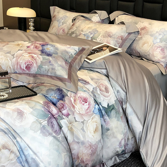 91家纺网 家纺一手货源 找家纺 东方名伶 2024新款50S全棉数码印花长绒棉四件套 玫瑰物语-紫