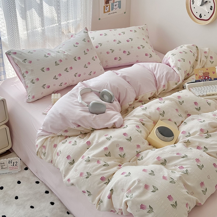 91家纺网 家纺一手货源 找家纺 希丞家居 2024新款小清新高克重提花水洗棉四件套（提供买家秀） 郁金香