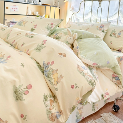 名兮 2024新款全棉亲肤印花四件套 蘑菇小兔