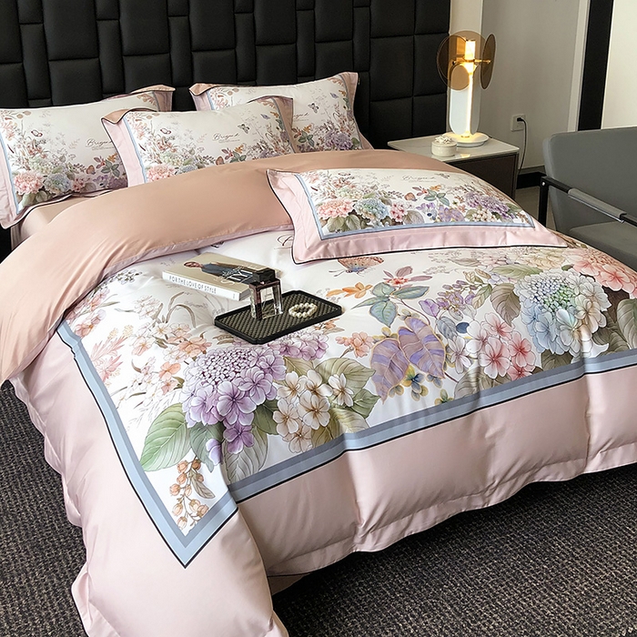 91家纺网 家纺一手货源 找家纺 东方名伶 2024新款50S全棉数码印花长绒棉四件套 静若幽兰-粉