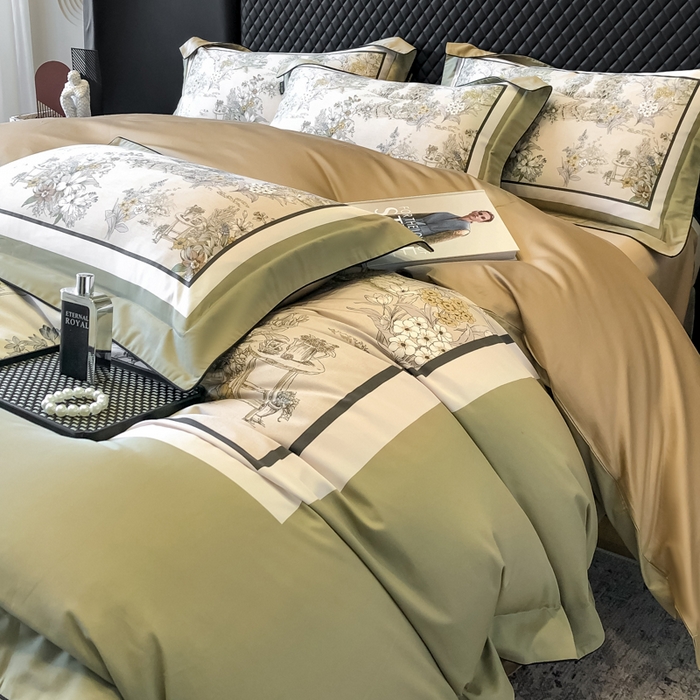 91家纺网 家纺一手货源 找家纺 东方名伶 2024新款50S全棉数码印花长绒棉四件套 浮生若梦-绿