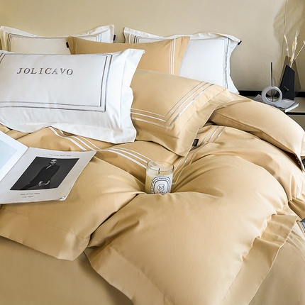  【提供质检报告】A类母婴级全棉加厚保暖磨毛四件套纯棉床单被套纯色酒店风床笠款刺绣冬季床上用品 卡芙尔-亚麻