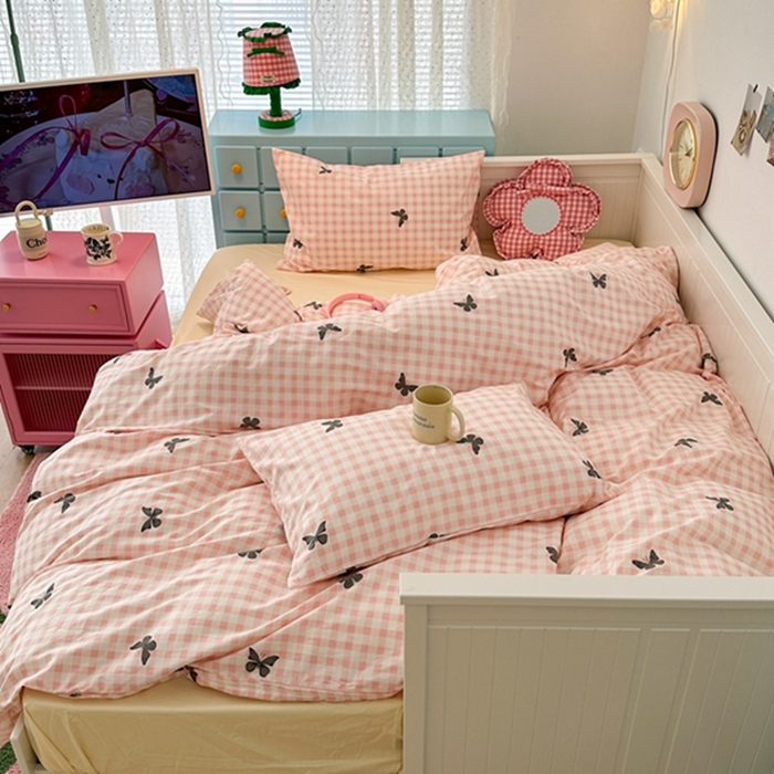 91家纺网 家纺一手货源 找家纺 昔可 2024新款全棉蝴蝶印花系列四件套 粉格蝴蝶