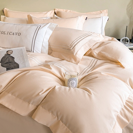  【提供质检报告】A类母婴级全棉加厚保暖磨毛四件套纯棉床单被套纯色酒店风床笠款刺绣冬季床上用品 卡芙尔-白桃