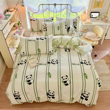 91家纺网 家纺一手货源 找家纺 名兮 2024新款全棉亲肤印花四件套 呆萌熊猫