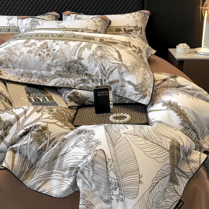 91家纺网 家纺一手货源 找家纺 东方名伶 2024新款50S全棉数码印花长绒棉四件套 境玉森林-咖