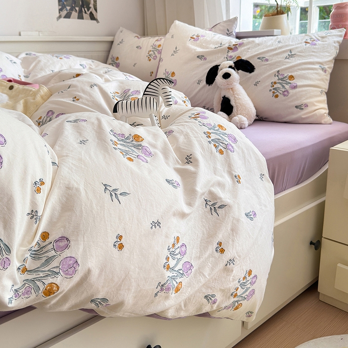 91家纺网 家纺一手货源 找家纺 沐芷 2024微皱超柔手感105g印花水洗棉四件套床上宿舍三件套床单被套 小花园