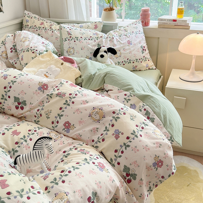 91家纺网 家纺一手货源 找家纺 沐芷 2024微皱超柔手感105g印花水洗棉四件套床上宿舍三件套床单被套 奶味圆饼