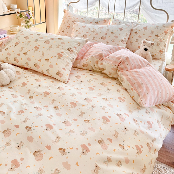 91家纺网 家纺一手货源 找家纺 名兮 2024新款全棉亲肤印花四件套 彩虹小熊