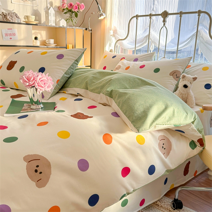 91家纺网 家纺一手货源 找家纺 名兮 2024新款全棉亲肤印花四件套 波点小熊