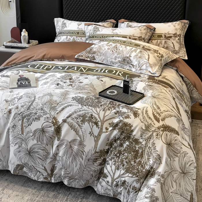 91家纺网 家纺一手货源 找家纺 东方名伶 2024新款50S全棉数码印花长绒棉四件套 境玉森林-咖