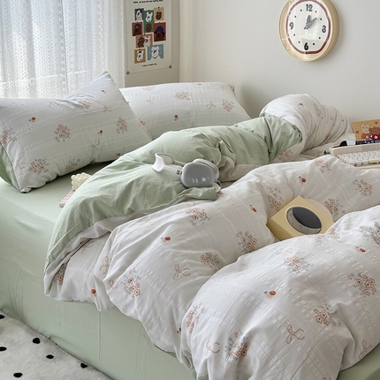 91家纺网 家纺一手货源 找家纺 希丞家居 2024新款小清新高克重提花水洗棉四件套（提供买家秀） 樱桃花语