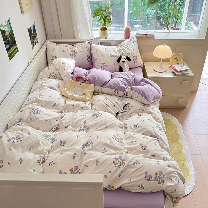 91家纺网 家纺一手货源 找家纺 沐芷 2024微皱超柔手感105g印花水洗棉四件套床上宿舍三件套床单被套 小花园