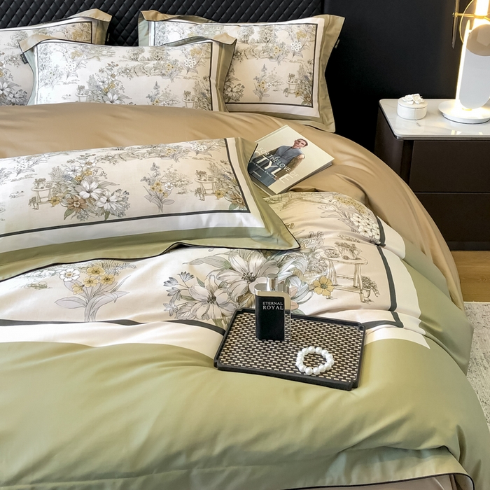 91家纺网 家纺一手货源 找家纺 东方名伶 2024新款50S全棉数码印花长绒棉四件套 浮生若梦-绿