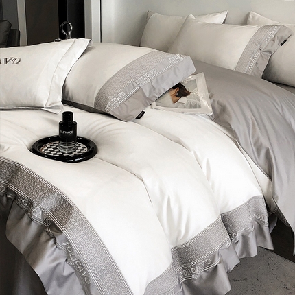 91家纺网 家纺一手货源 找家纺 （总） 【2024高端奢品】A类母婴级100支长绒棉四件套重工刺绣轻奢风拼接款澳棉简约床上用品